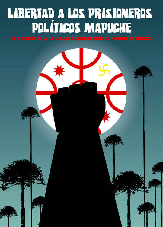 Poster campaigning for the freedom of Mapuche political prisoners (in Spanish), with a sillhouette of an arm and fist in the centre